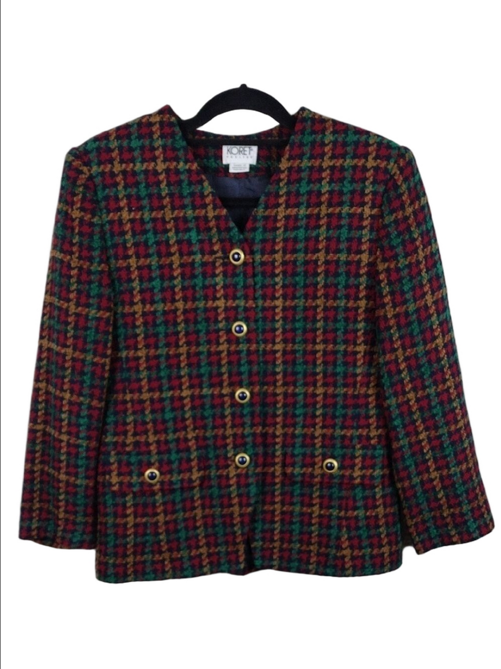 Koret Petites Vintage Wool Blend Multicolor Houndstooth Plaid Blazer Jacket